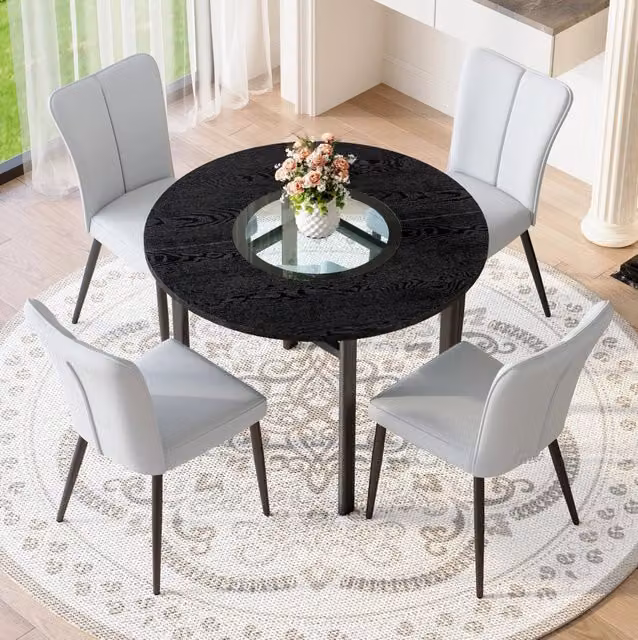Set tavolo rotondo con 4 sedie, MDF nero e PU grigio