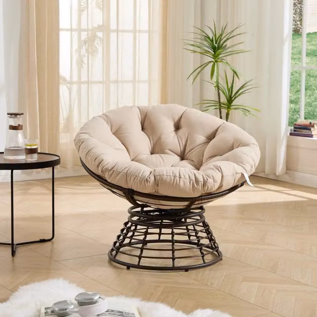 Poltrona Papasan Cipacho in rattan con cuscino morbido, girevole a 360 gradi, ideale per soggiorno o camera da letto, struttura marrone e cuscino beige