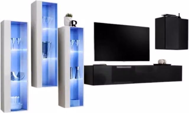 Composizione murale SWITCH XIII – Mobile TV, vetrine LED e cubo – Nero lucido e bianco – Design moderno