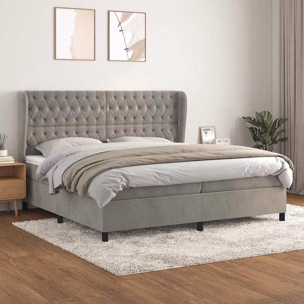 vidaXL Giroletto a Molle con Materasso Ibrido in Velluto Grigio Chiaro L/P/H: 200 x 200 x 128 cm – 1