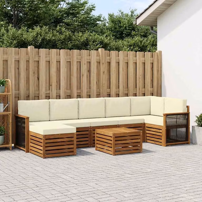 Set di divani da esterno vidaXL 7 pz in legno di acacia con cuscini beige e bianco per giardino e terrazza