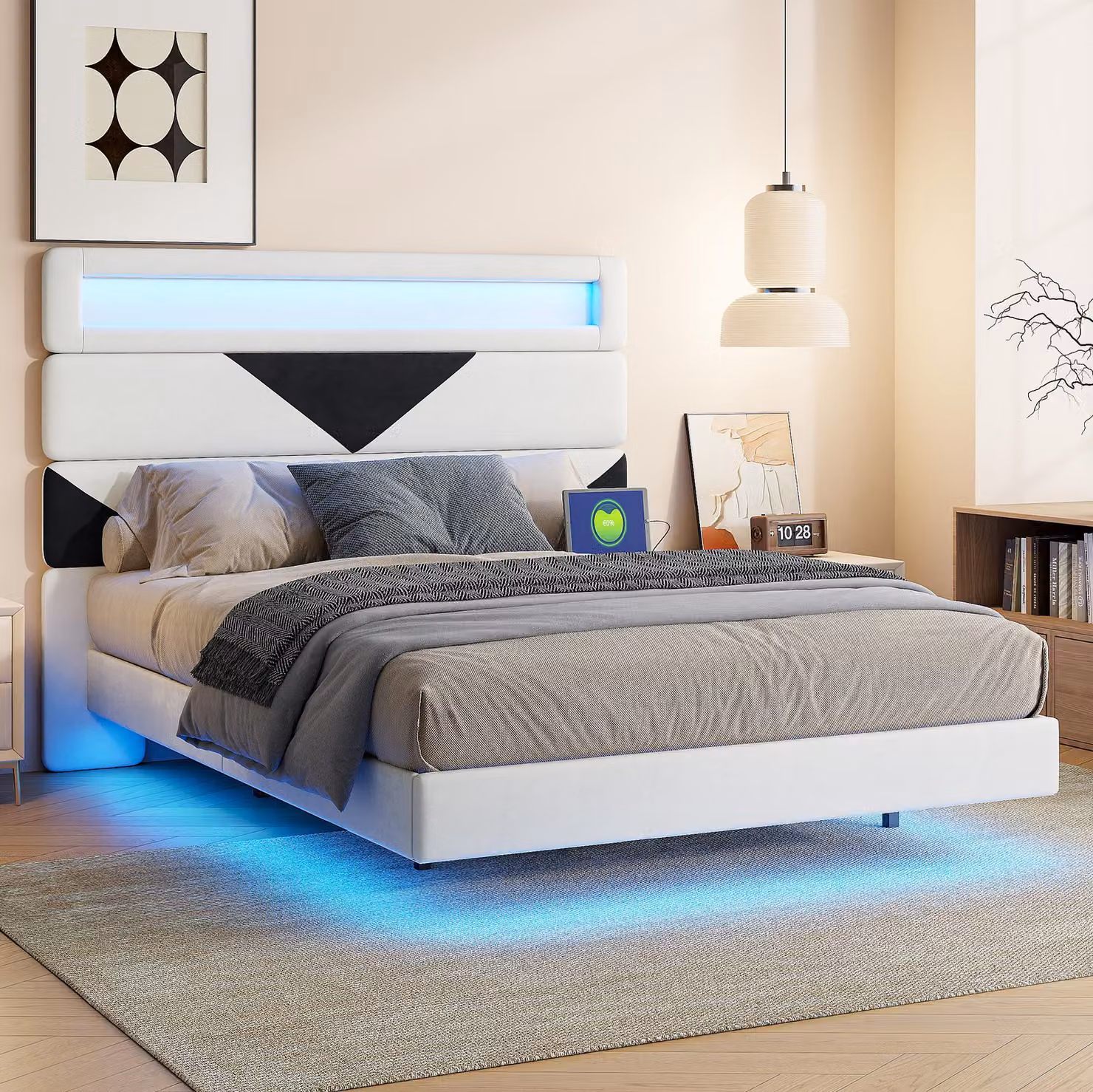 Letto imbottito Fortuna Lai 160x200 cm, letto galleggiante con LED, USB, testata regolabile, velluto, letto matrimoniale beige/nero, A