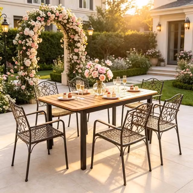 Tavolo da giardino rettangolare REDOM marrone con effetto legno in metallo e materiale composito L: 127 cm, P: 70 cm, H: 75 cm