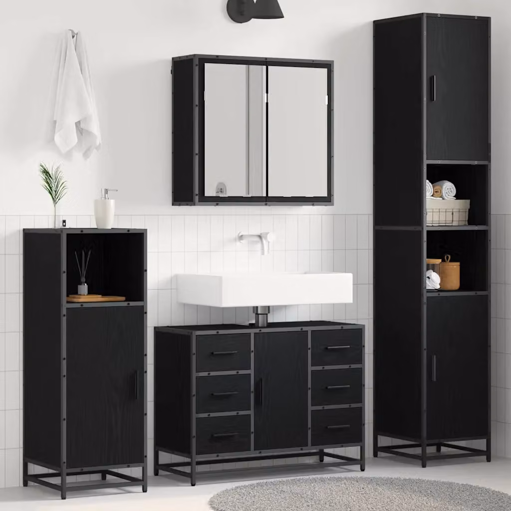 Set di mobili per il bagno moderno vidaXL 4 pezzi in legno e metallo nero opaco L/P/H: 80 x 33 x 188,5 cm – 1