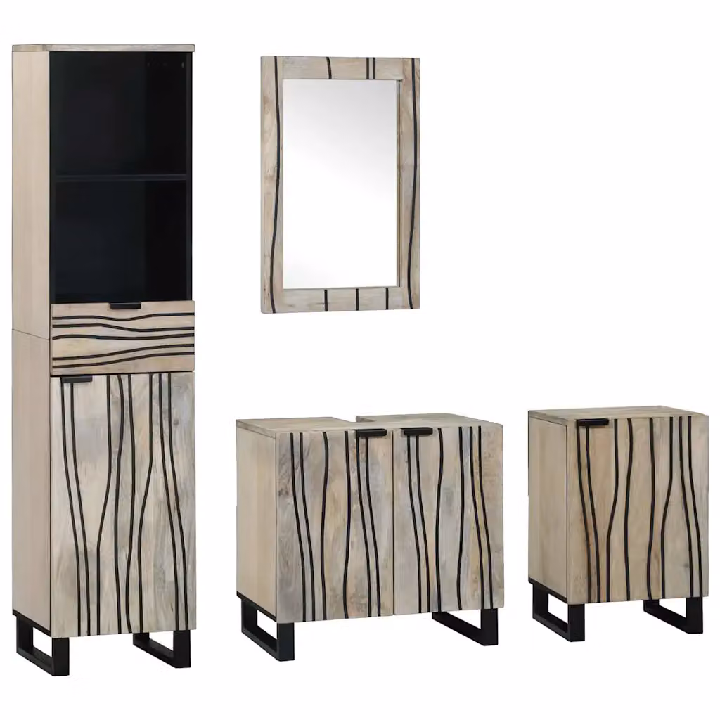 Set di mobili per il bagno moderno vidaXL composto da 4 pezzi in marrone e nero con armadio alto, mobile lavabo, armadietto laterale e armadietto con specchio