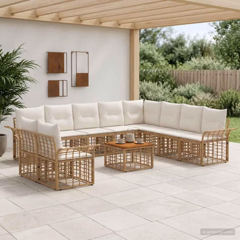 Set di divani da esterno vidaXL 11 pezzi per 10 persone, composizione a forma di U con tavolino, colore beige, bianco e marrone