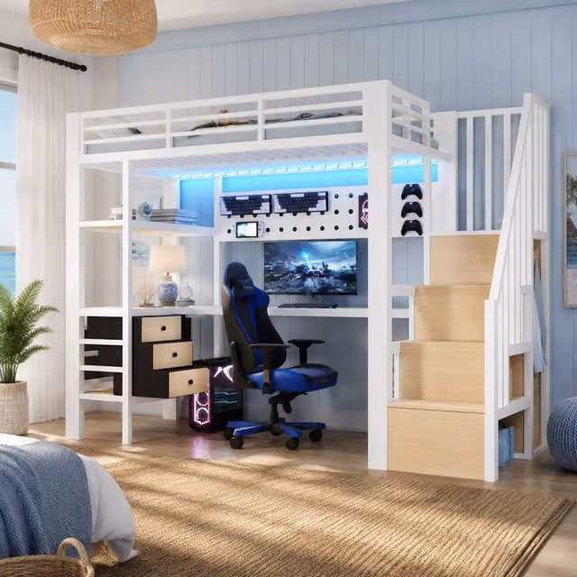 Letto a soppalco singolo MIVRAY bianco con scrivania, cassetti, mensole, pannello forato, presa USB e illuminazione LED, L/P/H: 200 x 90 x 170 cm – 1