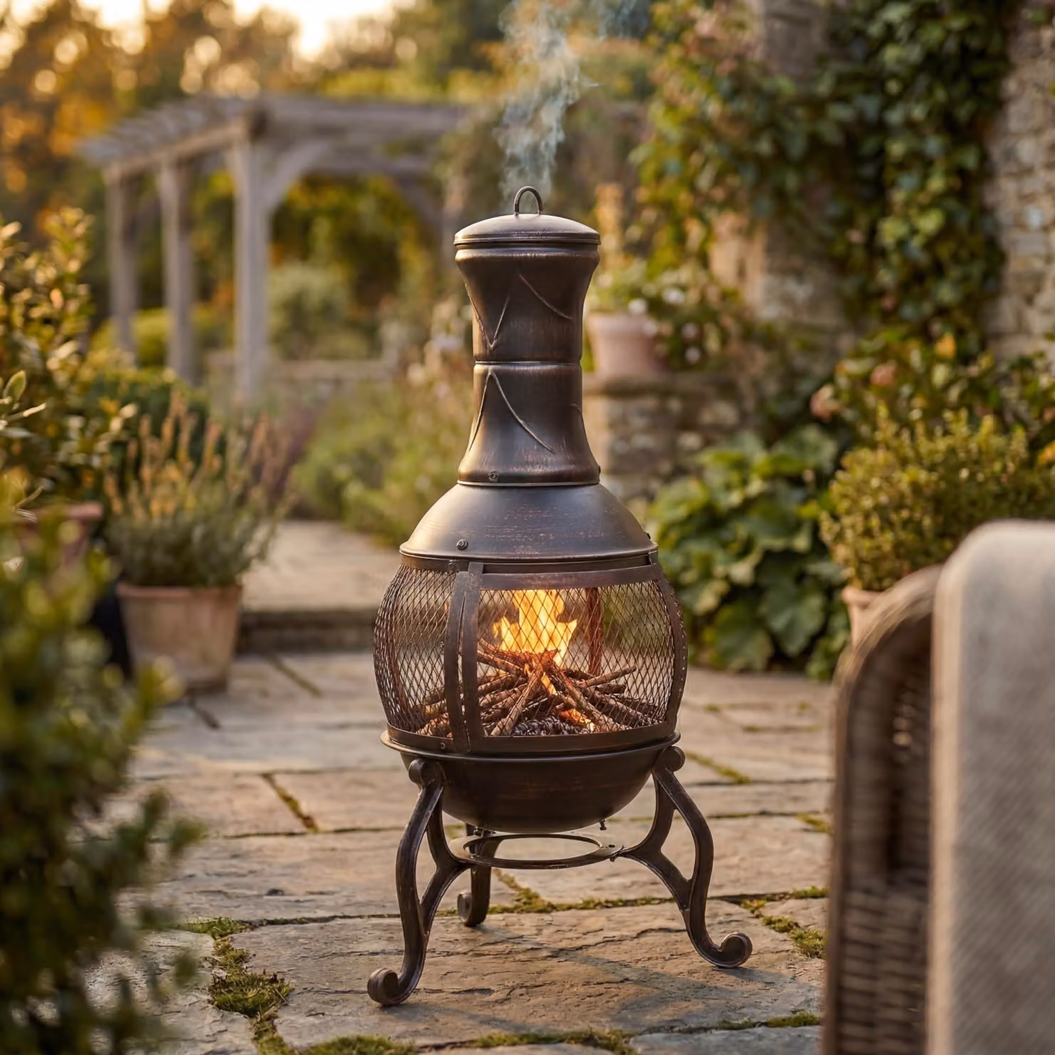 Camino da giardino ovale, nero e con finitura anticata dorata - Riscaldatore da esterno in acciaio - Altezza 89 cm - Per uso esterno - Design moderno
