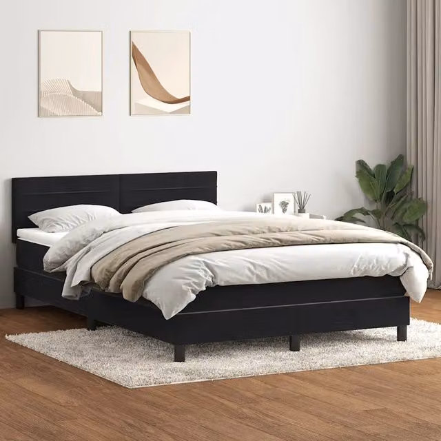 Letto Ibrido vidaXL con Giroletto a Molle e Materasso in Velluto Nero e Bianco L: 160 cm, P: 213 cm – 1