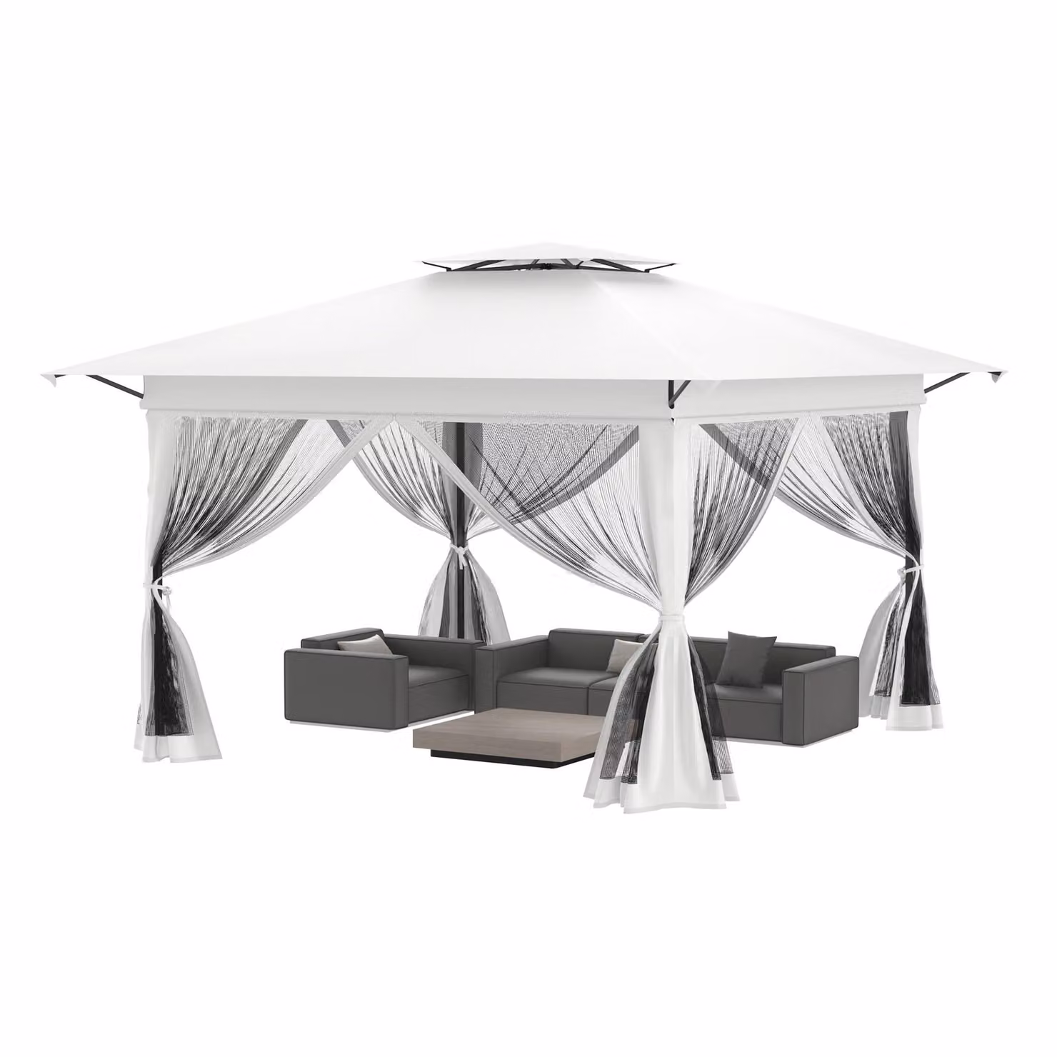 QEENTOE Gazebo pop-up da giardino, 4x4 metri, struttura in metallo con tetto a doppia protezione, 4 pannelli laterali con zanzariera, colore bianco, ideale per giardino, feste e bancarelle