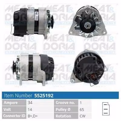 MEAT & DORIA 5525192 Alternatore LiMa 34 A 14 V per FORD ESCORT II (ATH), Capri (ECJ), TRANSIT cassone/telaio (V), ESCORT I (AFH, ATH)