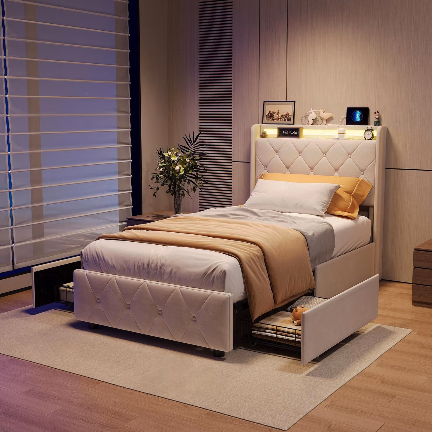 Letto da 90 x 200 cm con contenitore, illuminazione a LED e porta USB, letto singolo imbottito con 2 cassetti, rete a doghe, rivestimento in velluto, beige