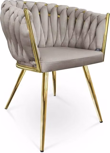 Poltrona Samira in velluto beige o grigio con struttura in metallo e braccioli, stile vintage