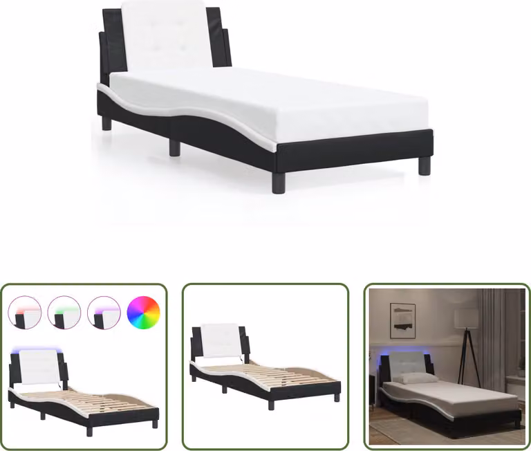 The Living Store Struttura letto con LED bianco e nero 90x200 cm in ecopelle
