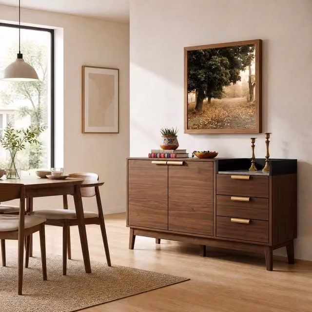 Credenza 120x40x77 cm in MDF e legno massello, 3 cassetti e doppia anta