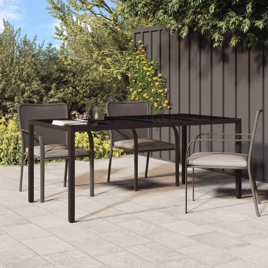 The Living Store Tavolo da giardino marrone 190x90x75 cm Vetro temperato e poly rattan