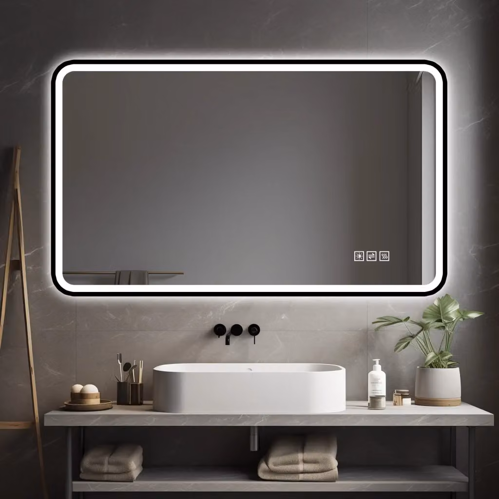 Specchio da bagno moderno WISHDOR con LED, nero, L: 70 cm, H: 90 cm, dimmerabile e con touch switch – 2