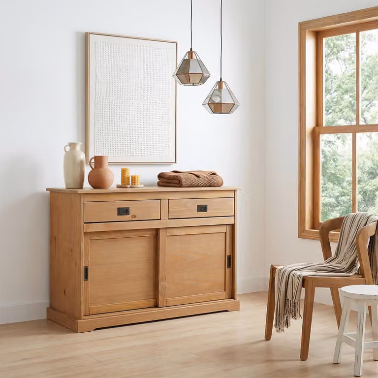 Comò SAVONA, credenza con 2 ante e 2 cassetti, pino massello, superficie laccata marrone, buffet, credenza, legno massello