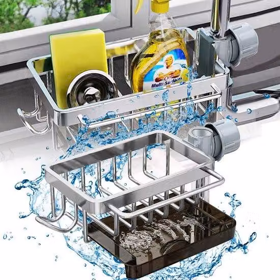Portaspazzolini da cucina e da bagno, con vaschetta raccogli gocce rimovibile, portatubi di lavaggio in metallo da appendere, portaspugna, dispenser di sapone, argento