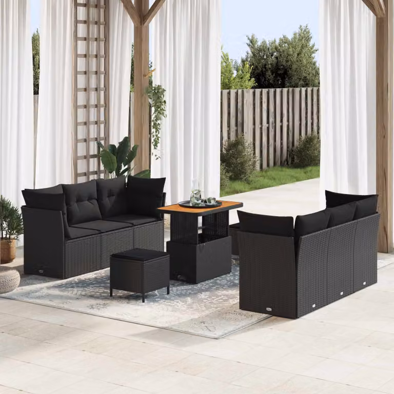 Set Divano da Giardino vidaXL a Forma di L con Cuscini e Tavolino, Polyrattan e Acciaio Nero