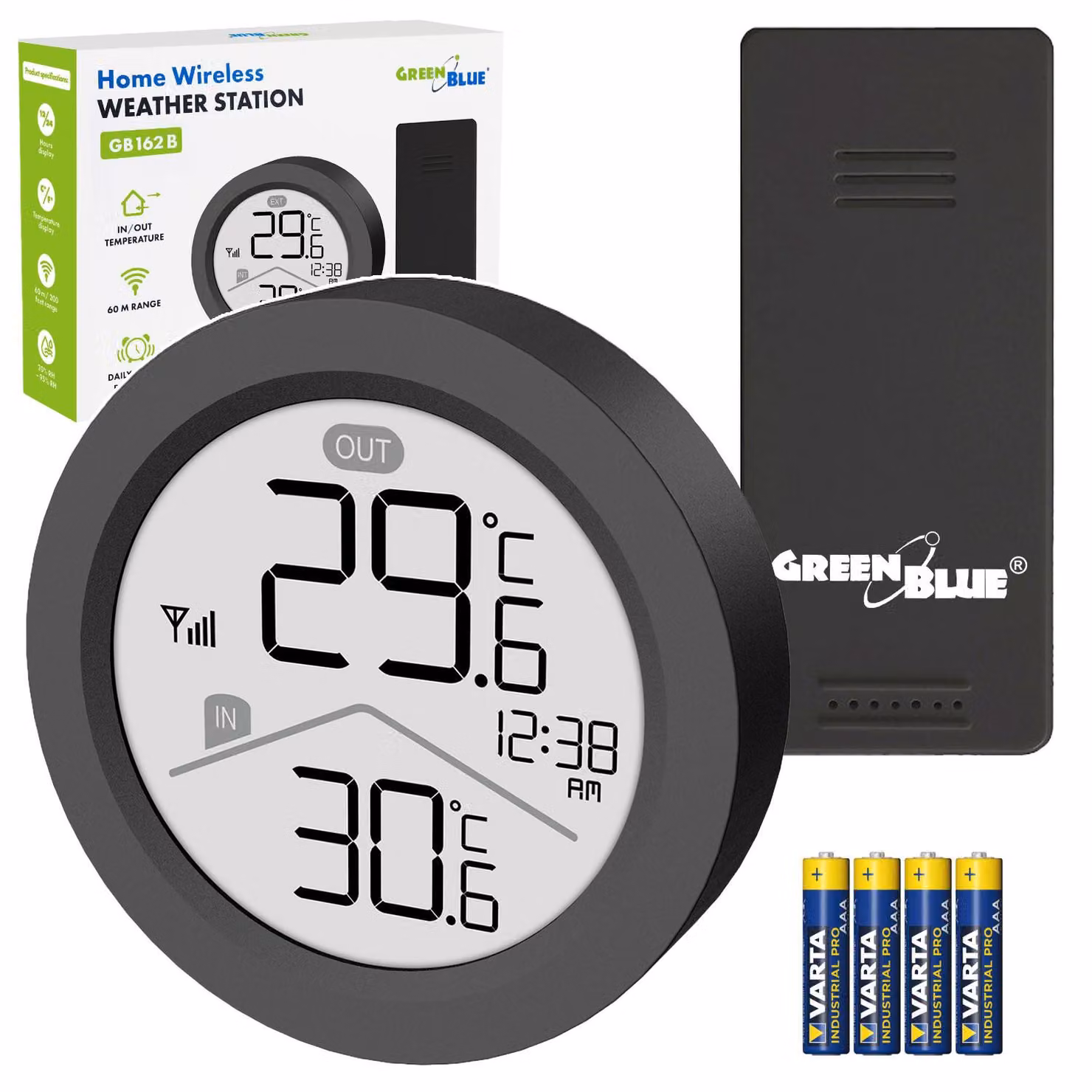 Stazione meteorologica Funk, con sensore di temperatura interna/esterna, orologio, con possibilità di visualizzare la temperatura in °C o °F, portata fino a 60 metri, colore nero, include: GB162 B + 4 batterie alcaline AAA Varta