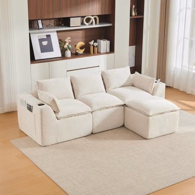 Divano modulare a L Mivray in velluto a coste beige con cuscini inclusi