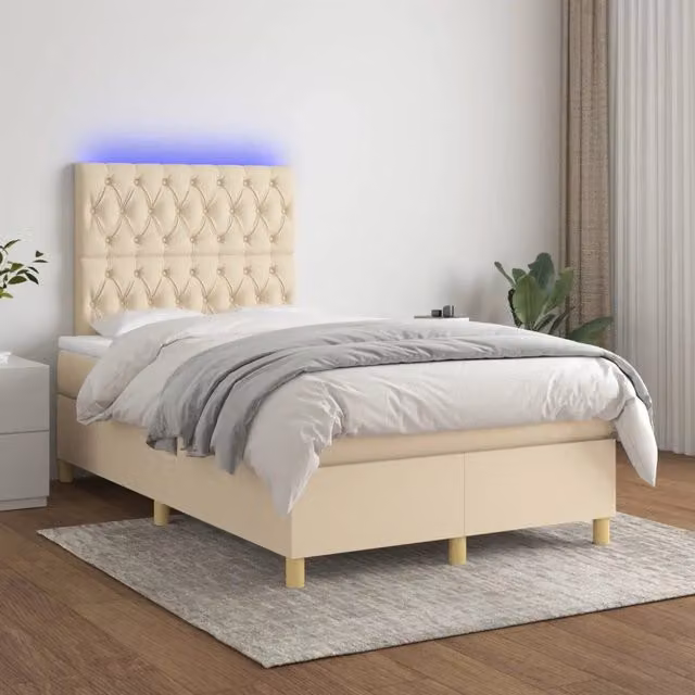 Letto Ibrido vidaXL con Materasso, Illuminazione LED Sotto il Letto e Porta USB, Tessuto Beige e Bianco, L/P: 120 x 200 cm