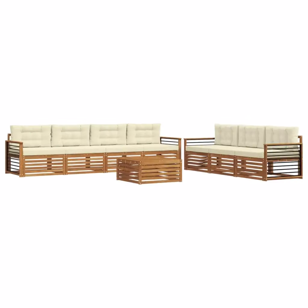 Set di divani da esterno vidaXL a forma di U composto da 8 pezzi con tavolino da caffè, in legno di acacia e tessuto beige e bianco – 2