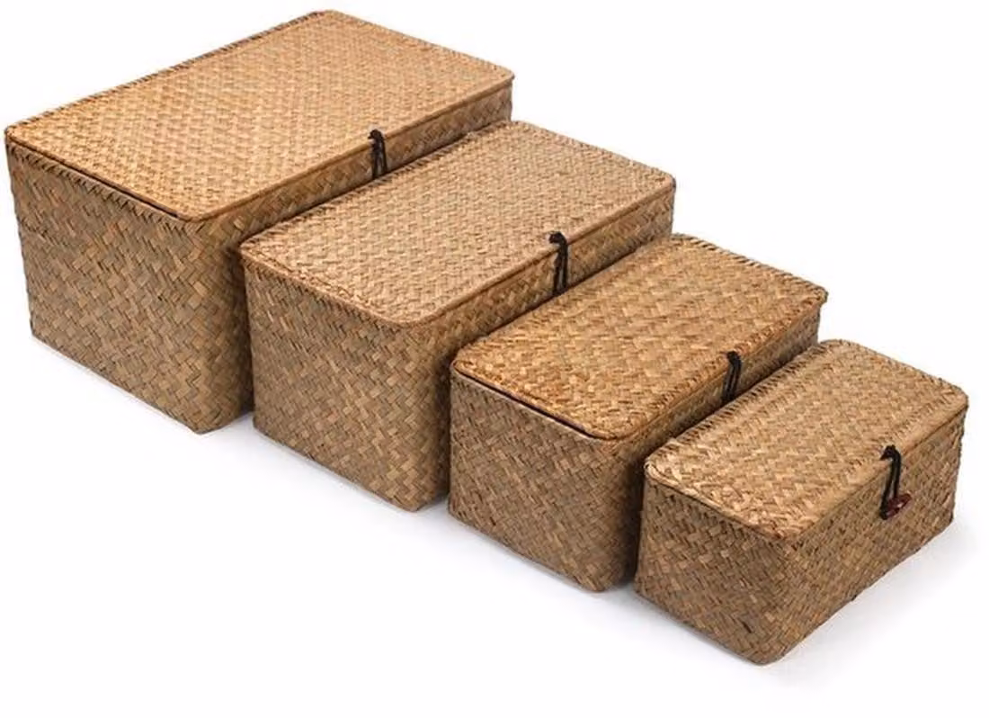 Azomor: cesti portaoggetti intrecciati naturali con coperchio per un'organizzazione elegante della casa