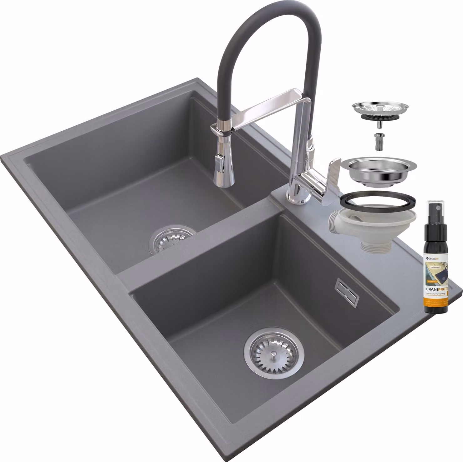 Granitan - Lavello in granito - Lavello da cucina - 2 vasche - 80x50 cm - Grigio - con rubinetteria VEGAS e sifone - HEKTOR