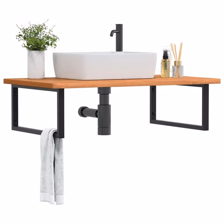 vidaXL Ripiano da Parete per Bagno in Legno di Faggio e Metallo, Nero e Marrone