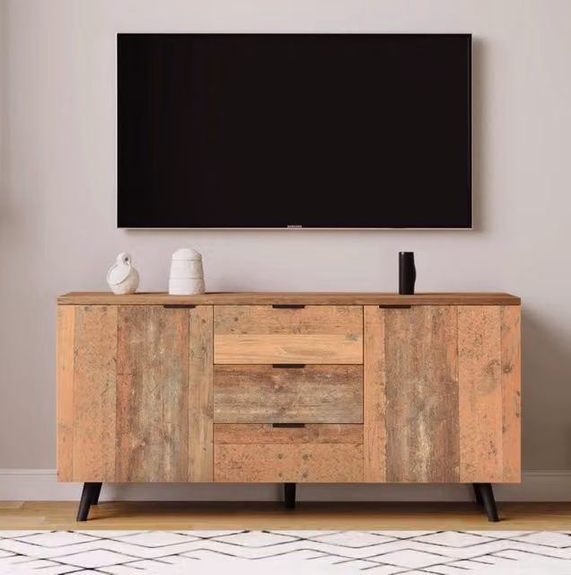 Madia TV ULEVR 140x35x70 cm con 3 cassetti e ripiani regolabili, marrone anticato