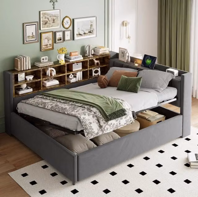 Letto imbottito ULEVR 140x200 cm con contenitore idraulico, luce notturna, USB e Type-C, velluto grigio scuro