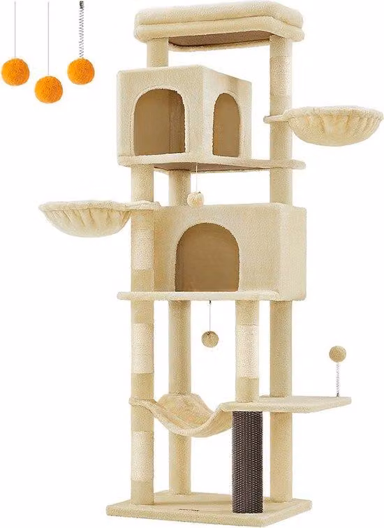Tiragraffi Rootz XL - Tiragraffi grande per gatti - Torre per gatti - Truciolato - 175 cm x 57 cm x 45 cm - Peluche beige sabbia - Pali rivestiti in sisal
