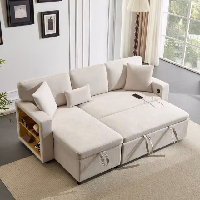 Divano letto estraibile 90 x 200 cm trasformabile in 180 x 200 cm con LED e rete a doghe; velluto e MDF; beige