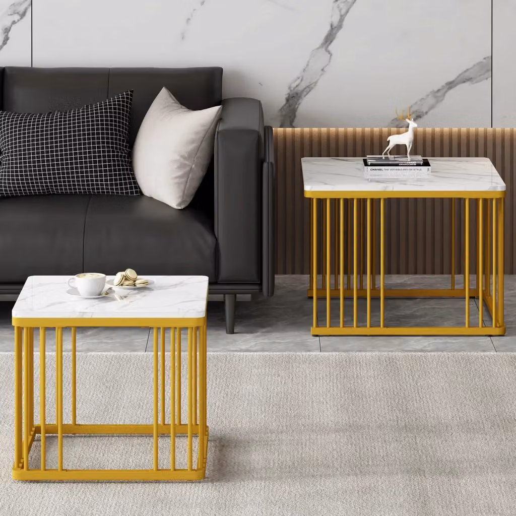 Set di 2 tavolini da caffè quadrati REDOM con effetto marmo bianco e oro, L/P/H: 60 x 60 x 30 cm e 45 x 45 x 20 cm – 2