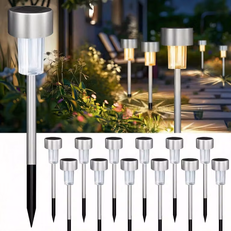 12 luci da giardino solari, in acciaio inossidabile, con LED, luce bianco caldo, impermeabili