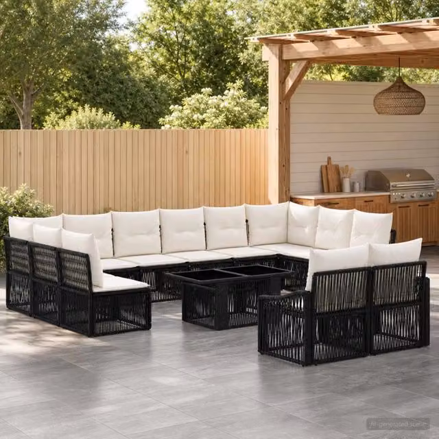 Set Divano da Giardino vidaXL a forma a U con Tavolino, 13 Pezzi, Nero e Bianco Crema, Polyrattan e Metallo con Cuscini Inclusi