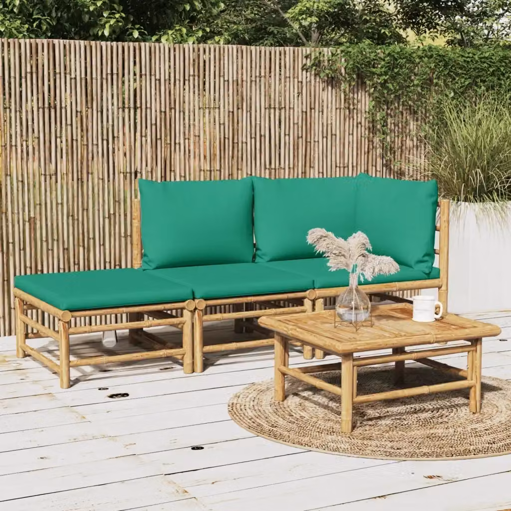 Set Salotto da Giardino Moderno in Bambù con Cuscini Verdi e Divano a L 3 Pezzi – 2