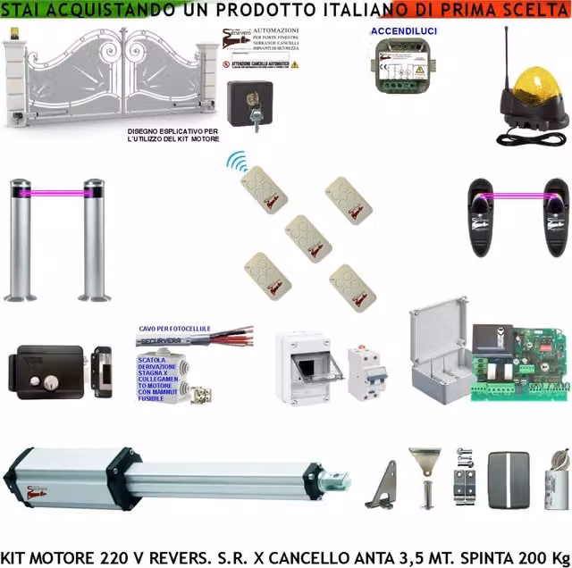 Cancello 3,5 Metri Kit Automazione Motore Elettromeccanico 230 V Reversibile Centrale 2 Coppie Fotocellule 2 Pali 5 Radiocomandi Faro Elettroserratura Selettore 2 Ck Scatola Fuse IP55 Cavo Accendiluci