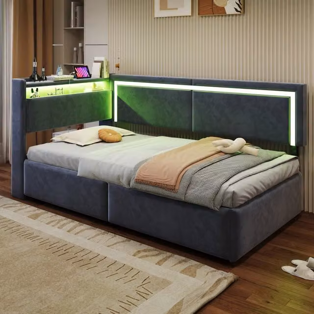 Divano letto 90x200cm - Velluto con LED; USB e deposito idraulico - Per soggiorno; camera da letto - Grigio
