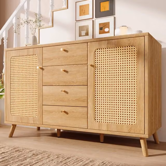 Consolle con 4 cassetti e 2 ante ¨C Minimal ¨C rovere chiaro effetto rattan 140x40x86 cm