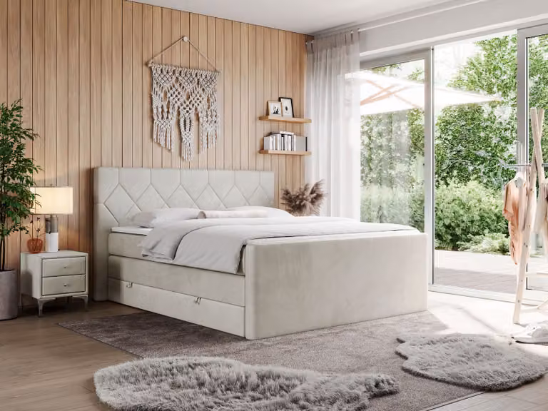 Letto boxspring con materasso matrimoniale, due cassetti portaoggetti, coprimaterasso, per camera da letto - KING EIGAR - 180x200 cm - Beige - H4