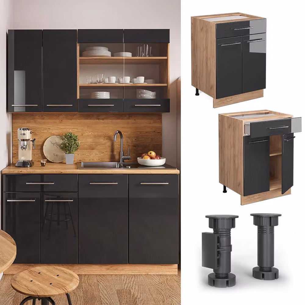 Mobiletto base per cucina Vicco Fame-Line Antracite lucido e Rovere dorato con cassetto, senza piano di lavoro, Larghezza: 60 cm – 2