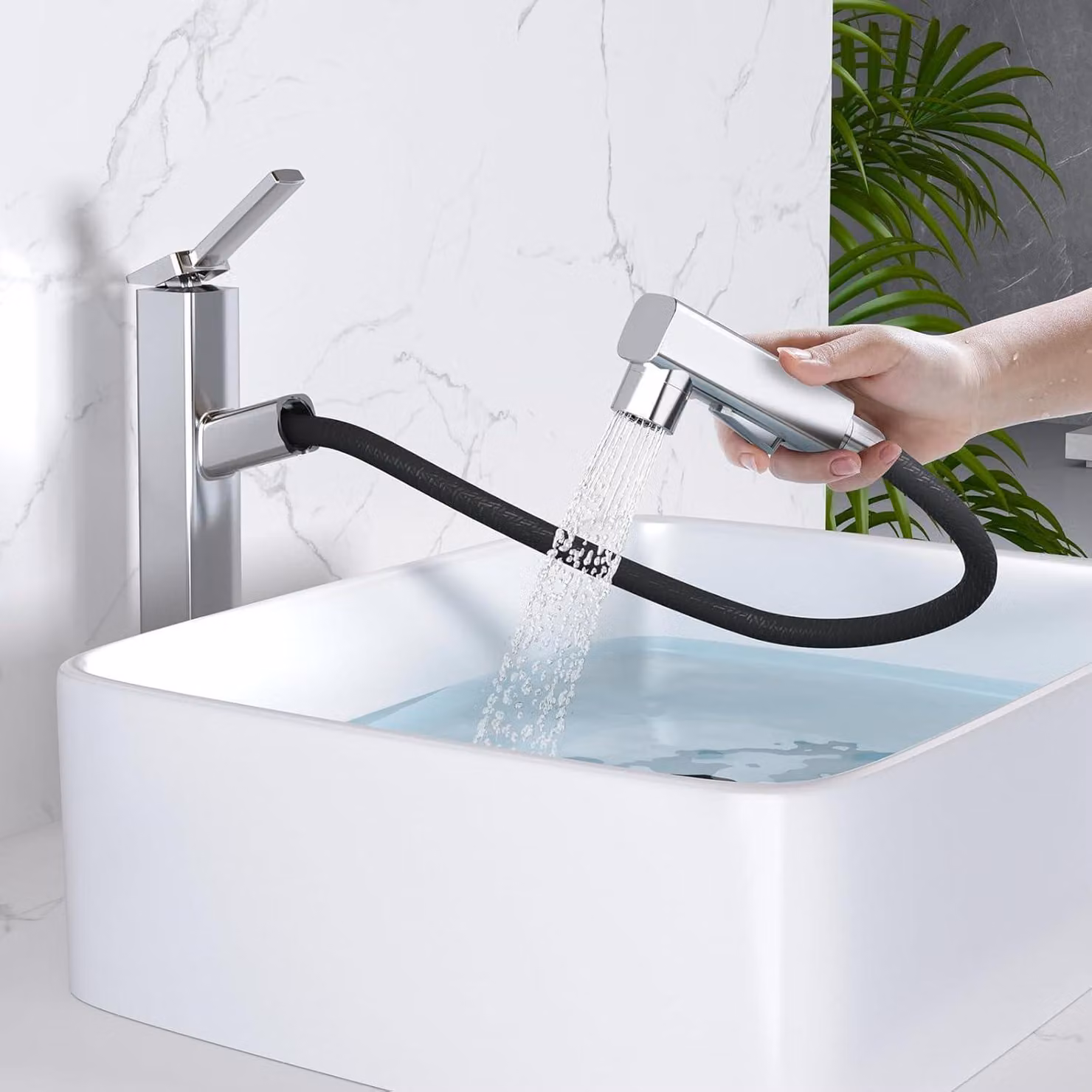 Miscelatore per lavabo con doccetta estraibile, 3 modalità di erogazione, rubinetto alto per bagno, monocomando, finitura cromata, predisposizione per un foro