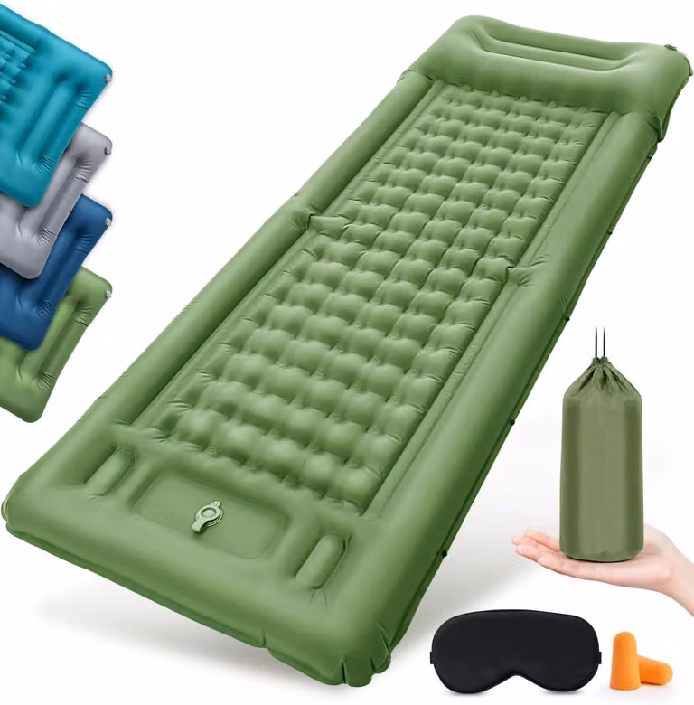 Materasso gonfiabile con cuscino integrato, ideale per il campeggio, leggero e adatto all'uso all'aperto