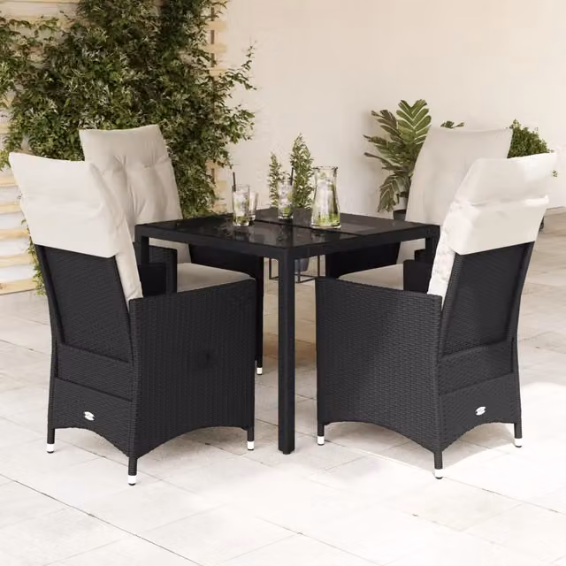 Set da Pranzo da Giardino 5 pz Nero con Cuscini in Polyrattan 3276692