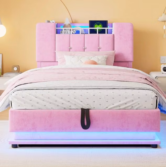Letto imbottito per bambini 90x200 cm con LED, USB, spazio contenitore idraulico e struttura in metallo, rivestimento in velluto rosa