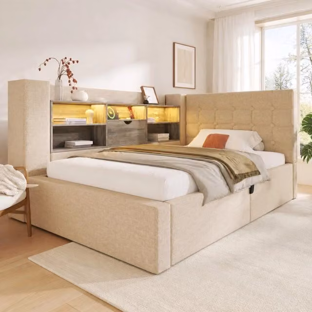 Letto singolo imbottito 90 × 200 cm con vano idraulico LED prese USB-C in lino beige con rete a doghe