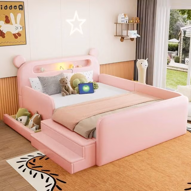 Letto imbottito per bambini Minimal rosa in similpelle con contenitore, luci LED e porta USB, L/P/H: 140 x 200 x 184,5 cm